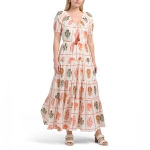 DRA Ayana  Cotton Flower Print Maxi Dress Prairie Tiered Short Sleeve Small NWT